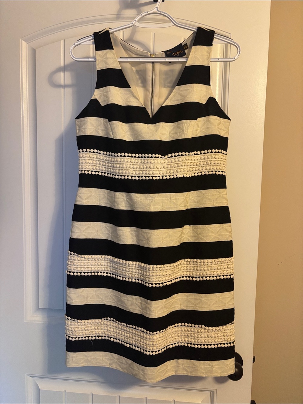 Just...Taylor Black & White Striped Midi Dress with Lace Bands